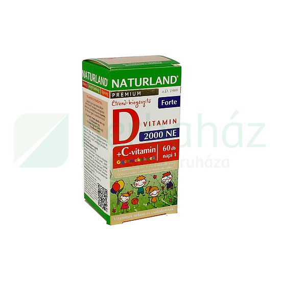 NATURLAND PRÉMIUM D3-VITAMIN FORTE RÁGÓTABLETTA C-VITAMINNAL GYEREKEKNEK 60DB