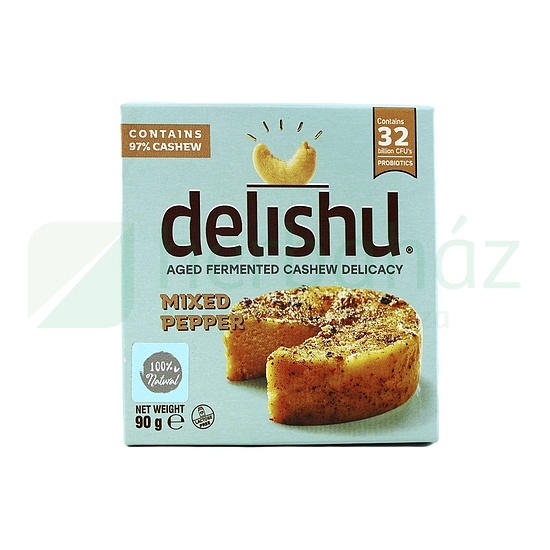VEGÁN DELISHU KESUDIÓBÓL KÉSZÜLT ÉRLELT SAJT JELLEGŰ KÉSZÍTMÉNY-SZÍNES BORSOS 90G[H]
