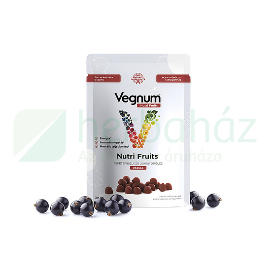VEGNUM NUTRI FRUITS FEKETERIBIZLI ÍZŰ SZERVES VASAT TARTALMAZÓ ÉTREND-KIEGÉSZÍTŐ GUMIGYÜMÖLCS 30D