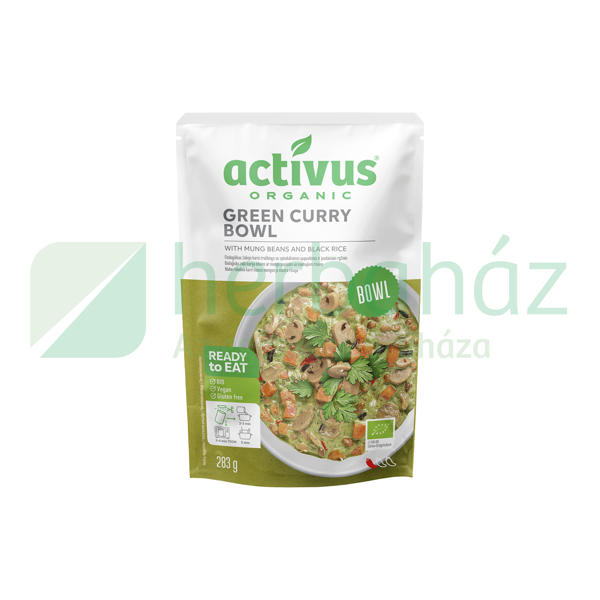 BIO ACTIVUS ZÖLD CURRY TÁL MUNGÓBABBAL ÉS FEKETE RIZZSEL 283G