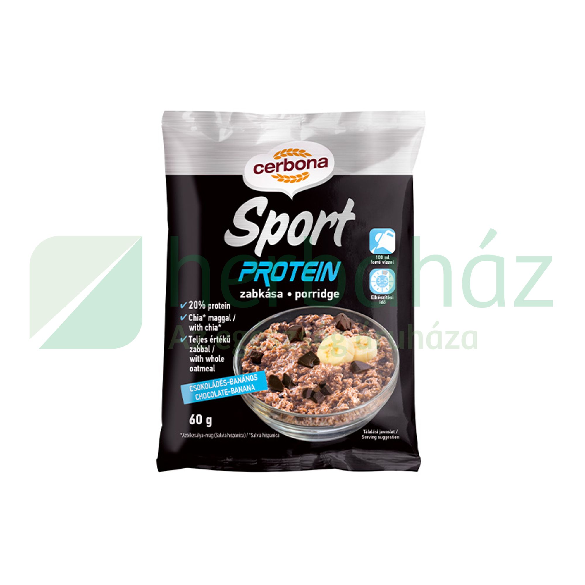 CERBONA PROTEINES CSOKOLÁDÉS-BANÁNOS ZABKÁSA CUKOR HOZZÁADÁSA NÉLKÜL, ÉDESÍTŐSZEREKKEL 60G
