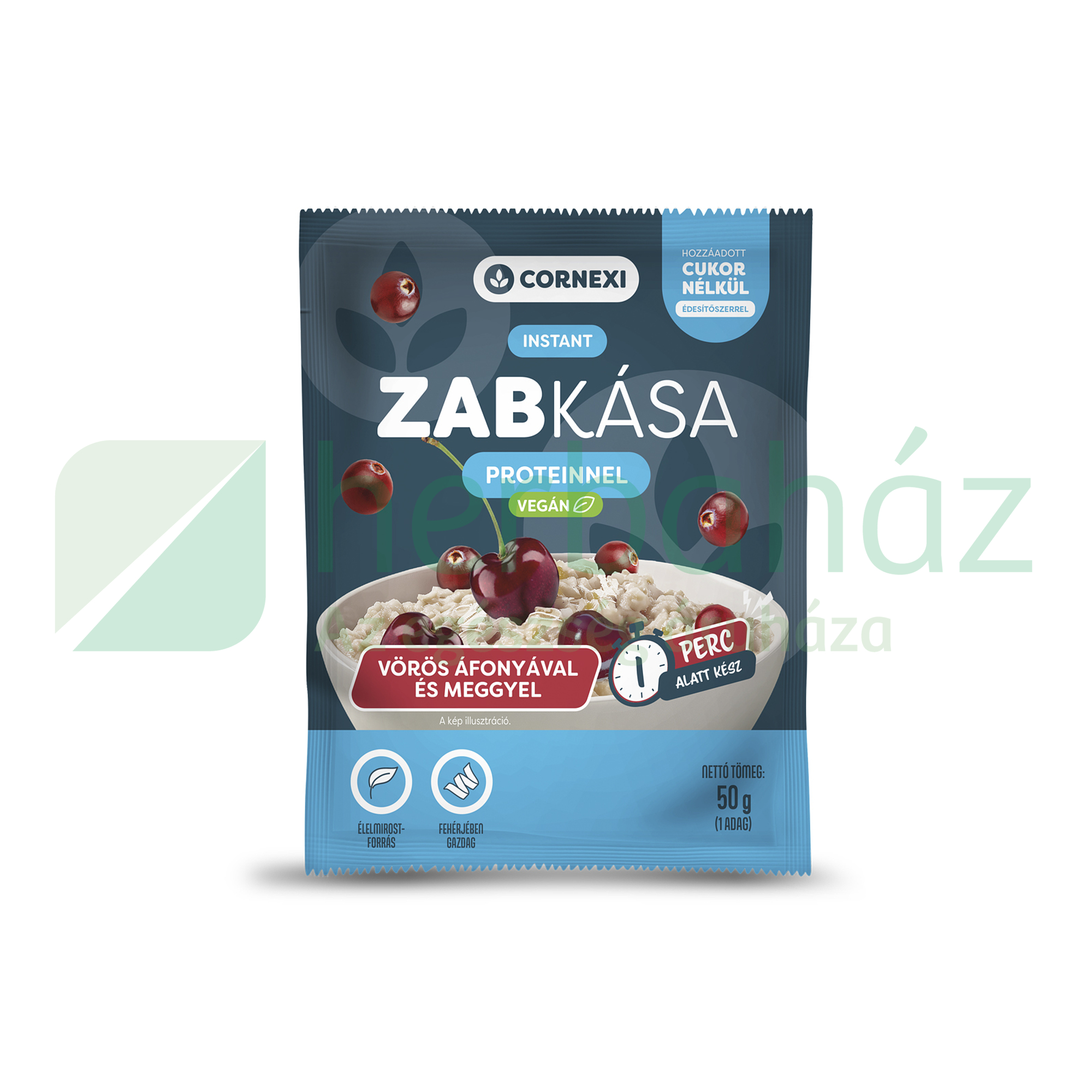 CORNEXI VÖRÖS ÁFONYÁS-MEGGYES PROTEINES ZABKÁSA ÉDESÍTŐSZERREL - VEGÁN 50G