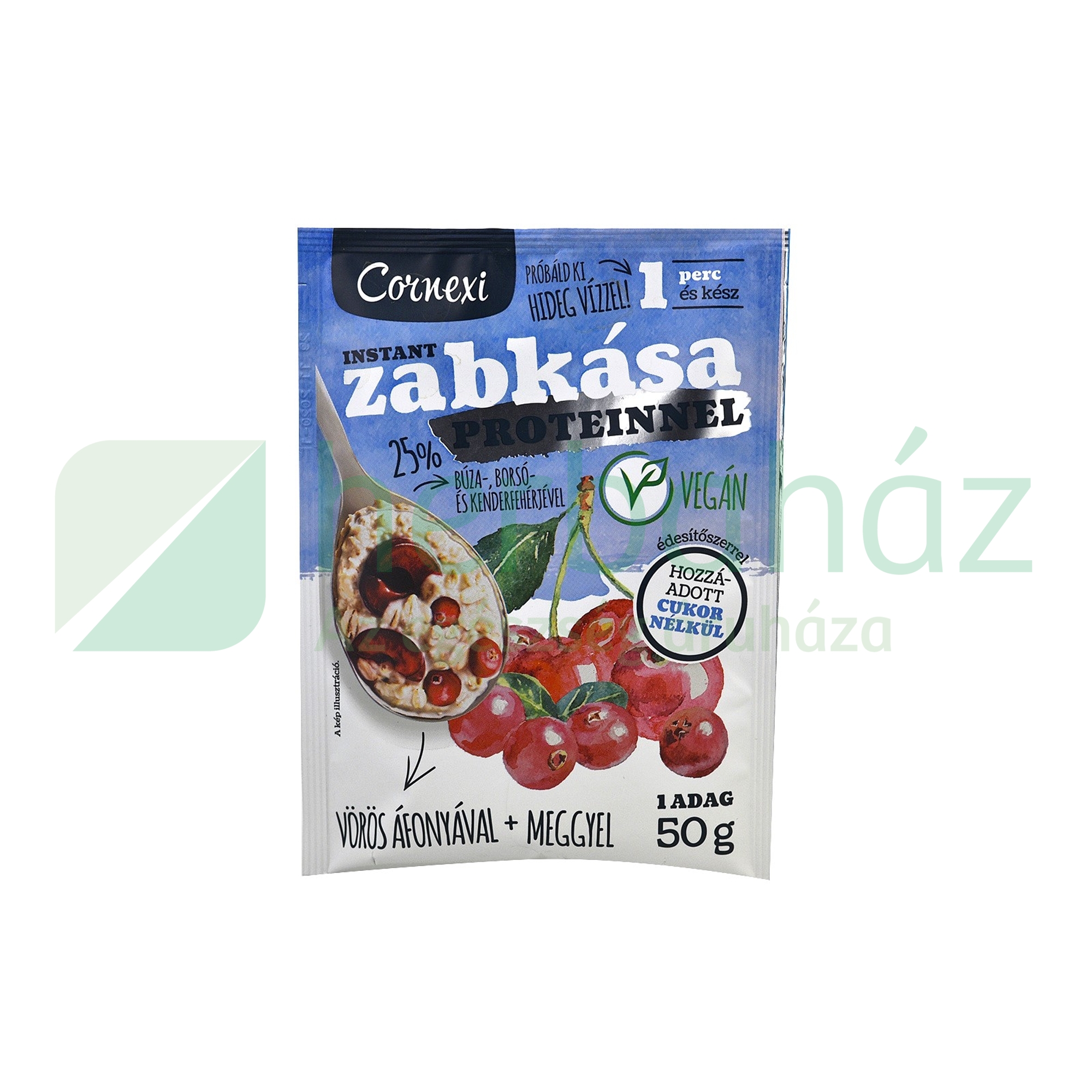 CORNEXI VÖRÖS ÁFONYÁS-MEGGYES PROTEINES ZABKÁSA ÉDESÍTŐSZERREL - VEGÁN 50G