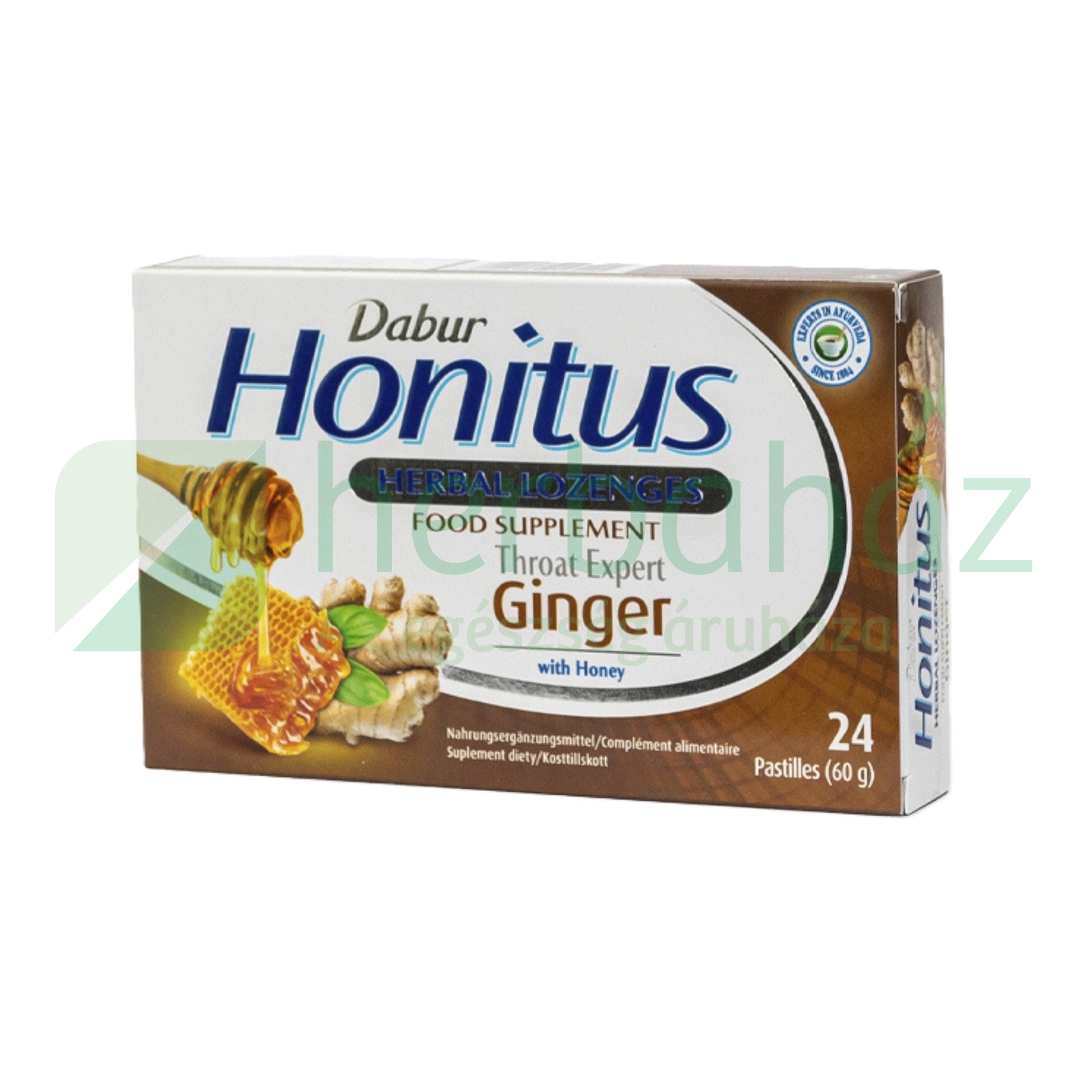 DABUR HONITUS GINGER GYÖMBÉR ÍZŰ GYÓGYNÖVÉNYES SZOPOGATÓ TABLETTA 24DB