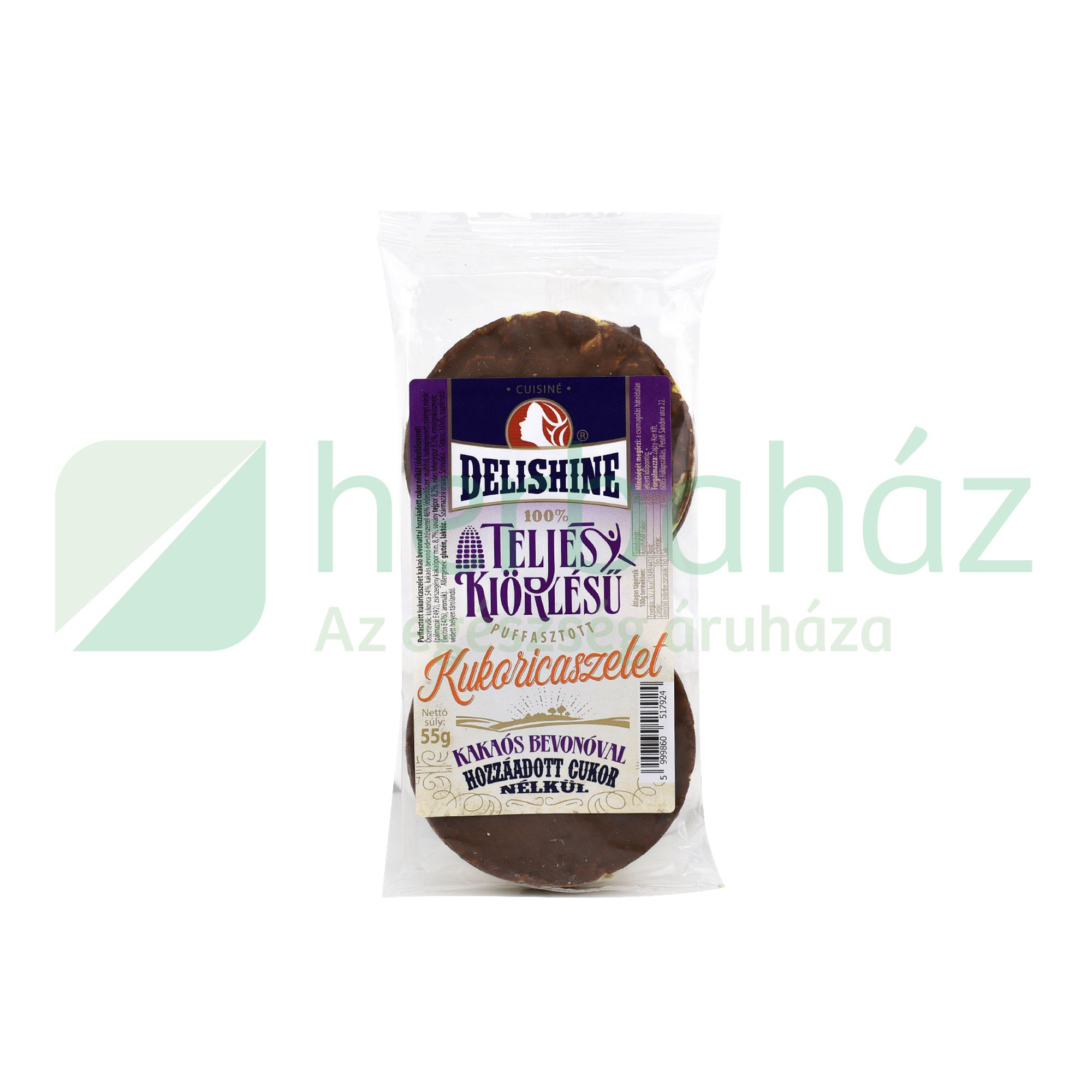 DELISHINE PUFFASZTOTT KUKORICASZELET KAKAÓS BEVONÓVAL HOZZÁADOTT CUKOR NÉLKÜLI 55G