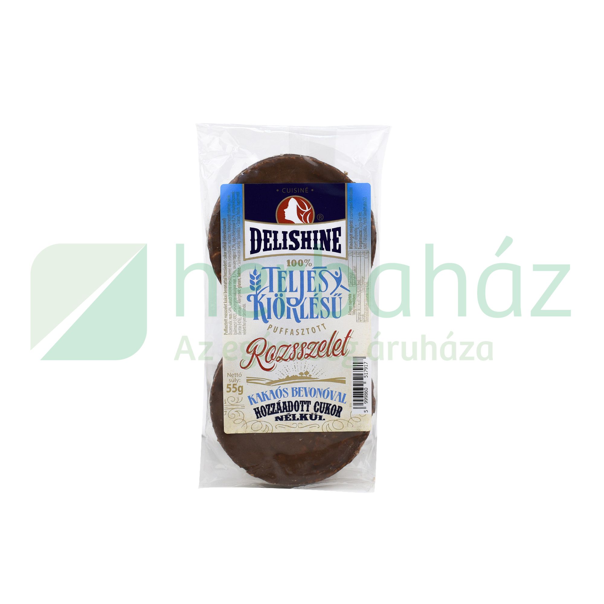 DELISHINE PUFFASZTOTT ROZSSZELET KAKAÓS BEVONÓVAL HOZZÁADOTT CUKOR NÉLKÜLI 55G