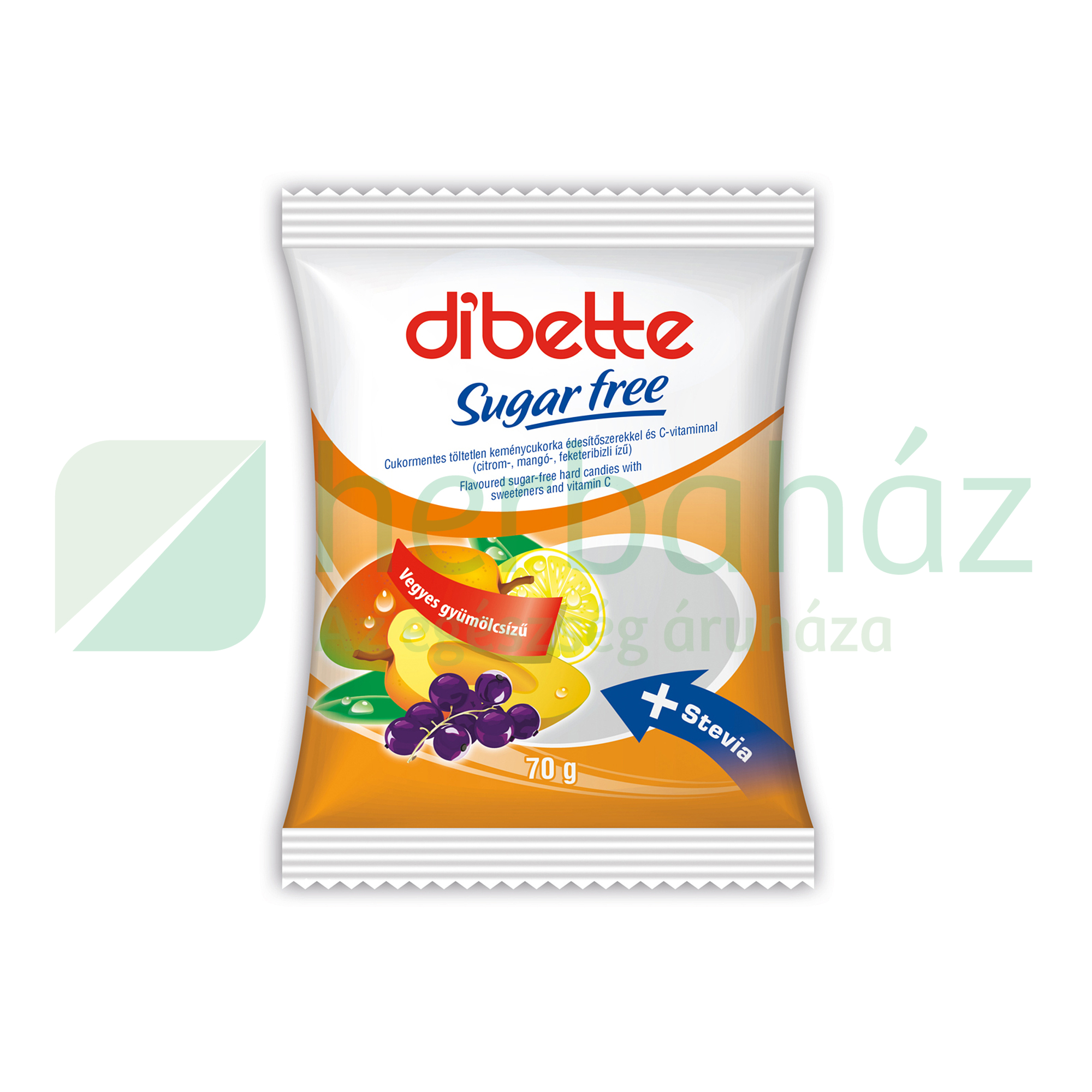 DIBETTE CUKORMENTES VEGYES GYÜMÖLCSÍZŰ CUKORKA ÉDESÍTŐSZEREKKEL 70G