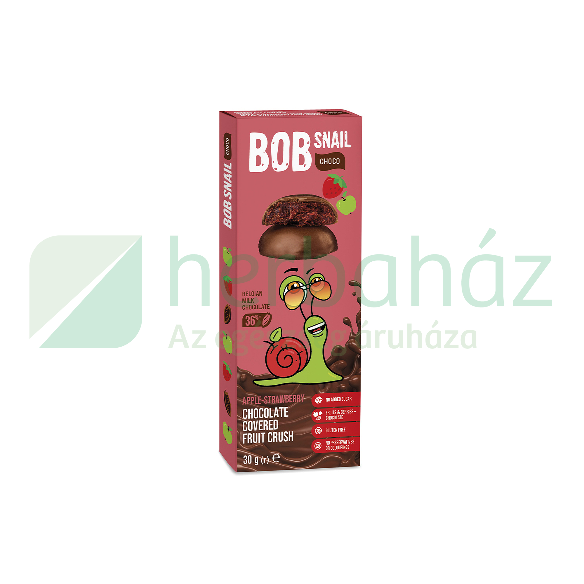 GLUTÉNMENTES BOB SNAIL GYÜMÖLCSSNACK TEJCSOKOLÁDÉBAN ALMA-EPER 30G