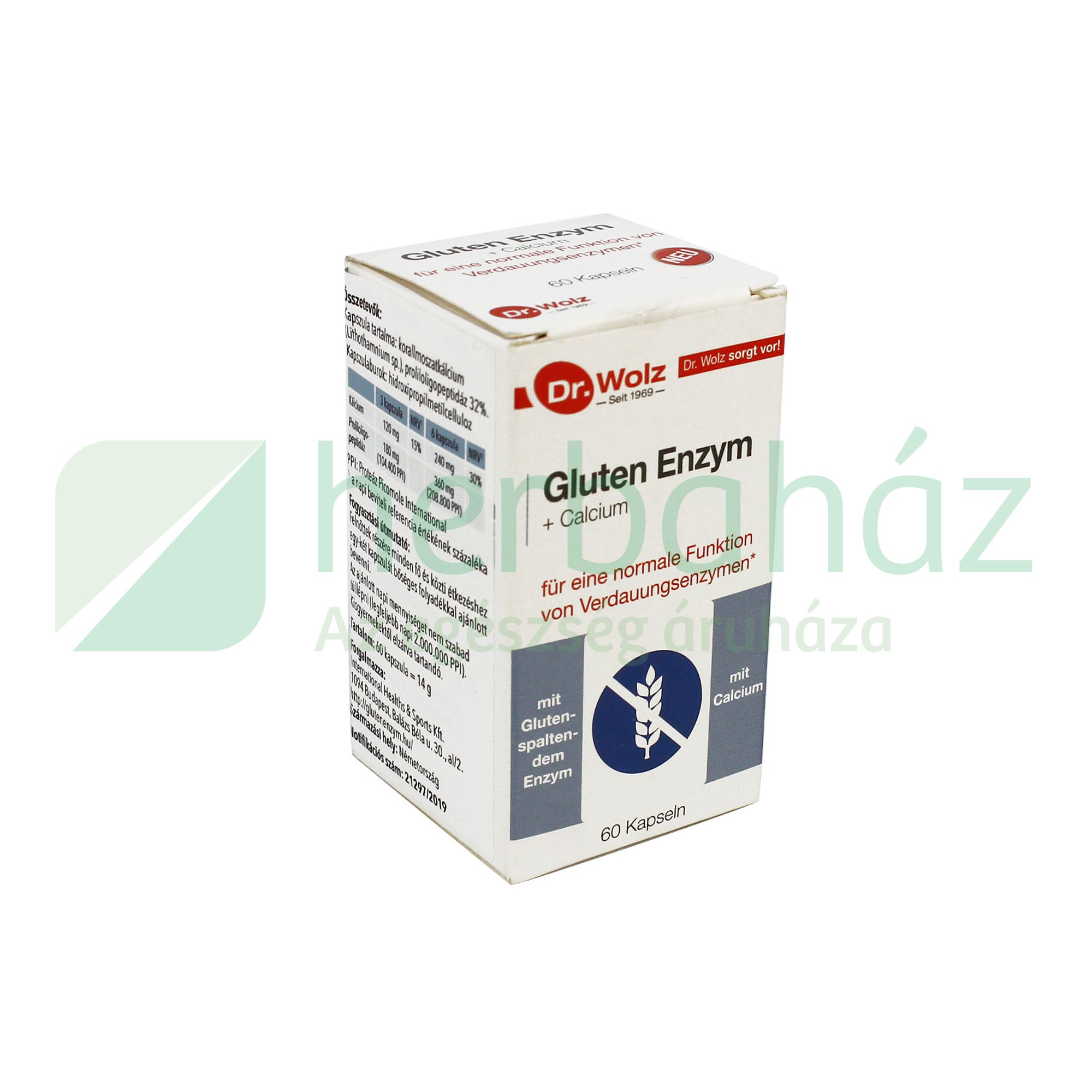 DR. WOLZ GLUTEN ENZYM TÁPLÁLÉKKIEGÉSZÍTŐ KÁLCIUMMAL ÉS PROLIL-OLIGOPEPTIDÁZZAL 60DB