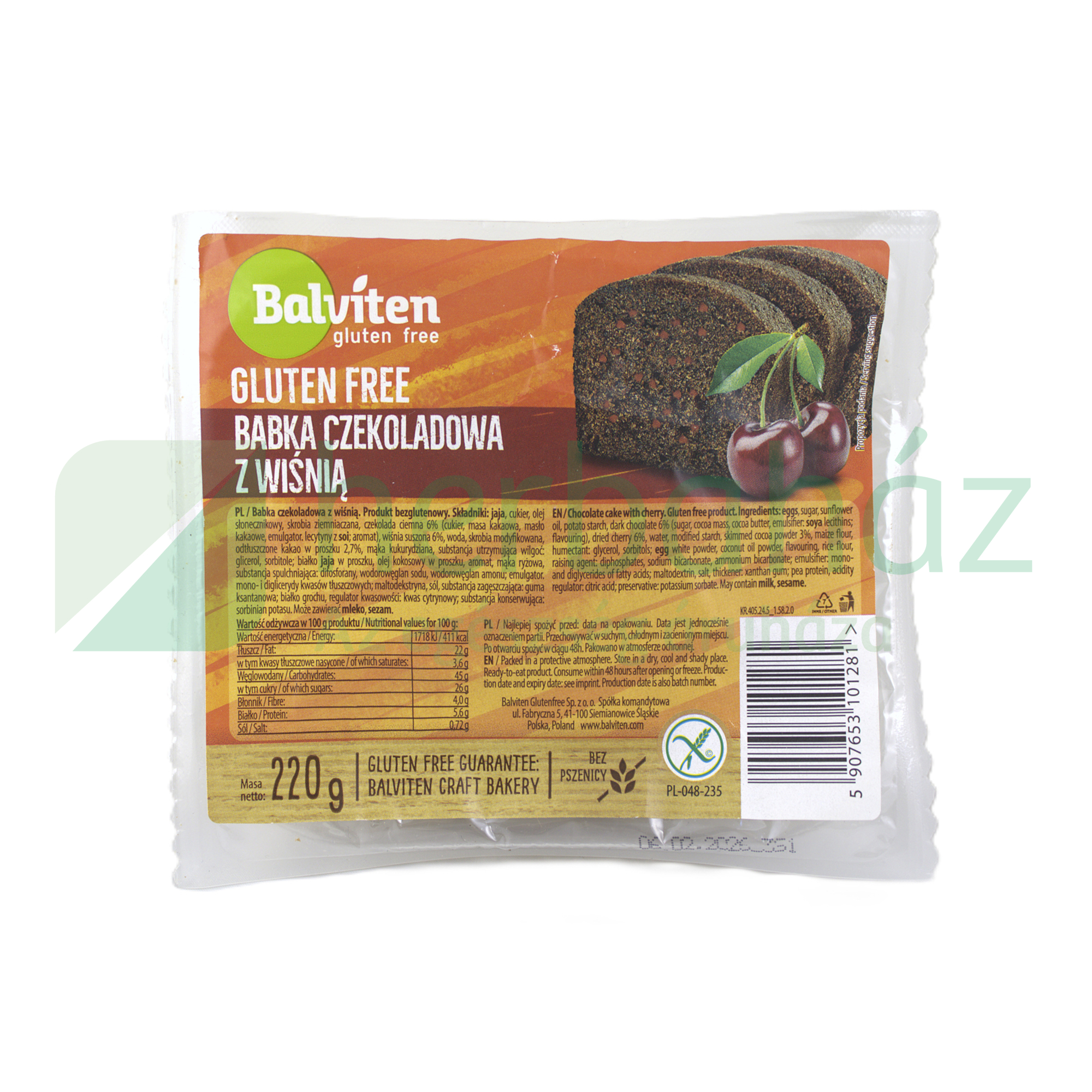 GLUTÉNMENTES BALVITEN CSOKOLÁDÉTORTA CSERESZNYÉVEL 220G