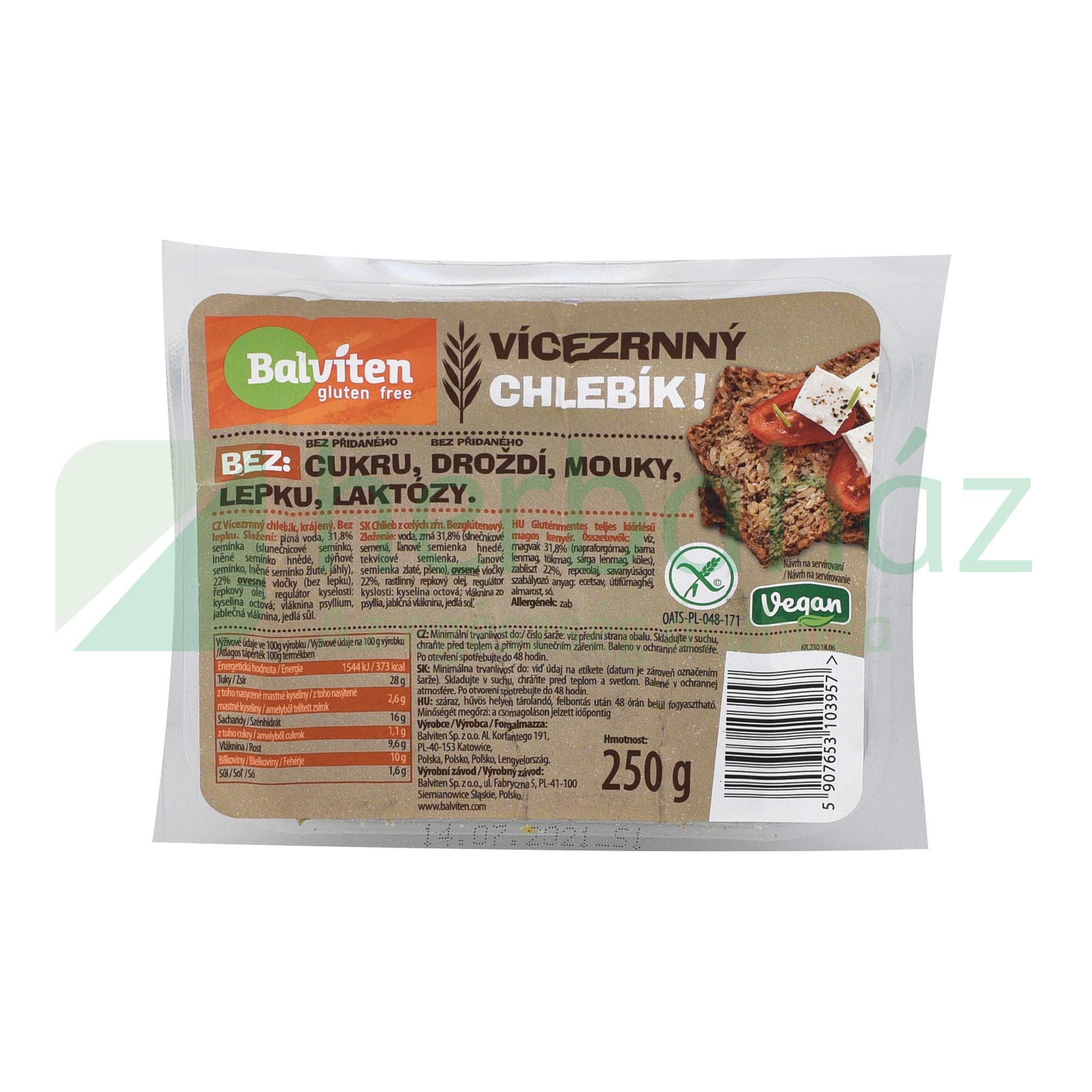 GLUTÉNMENTES BALVITEN TELJES KIŐRLÉSŰ MAGVAS KENYÉR 250G