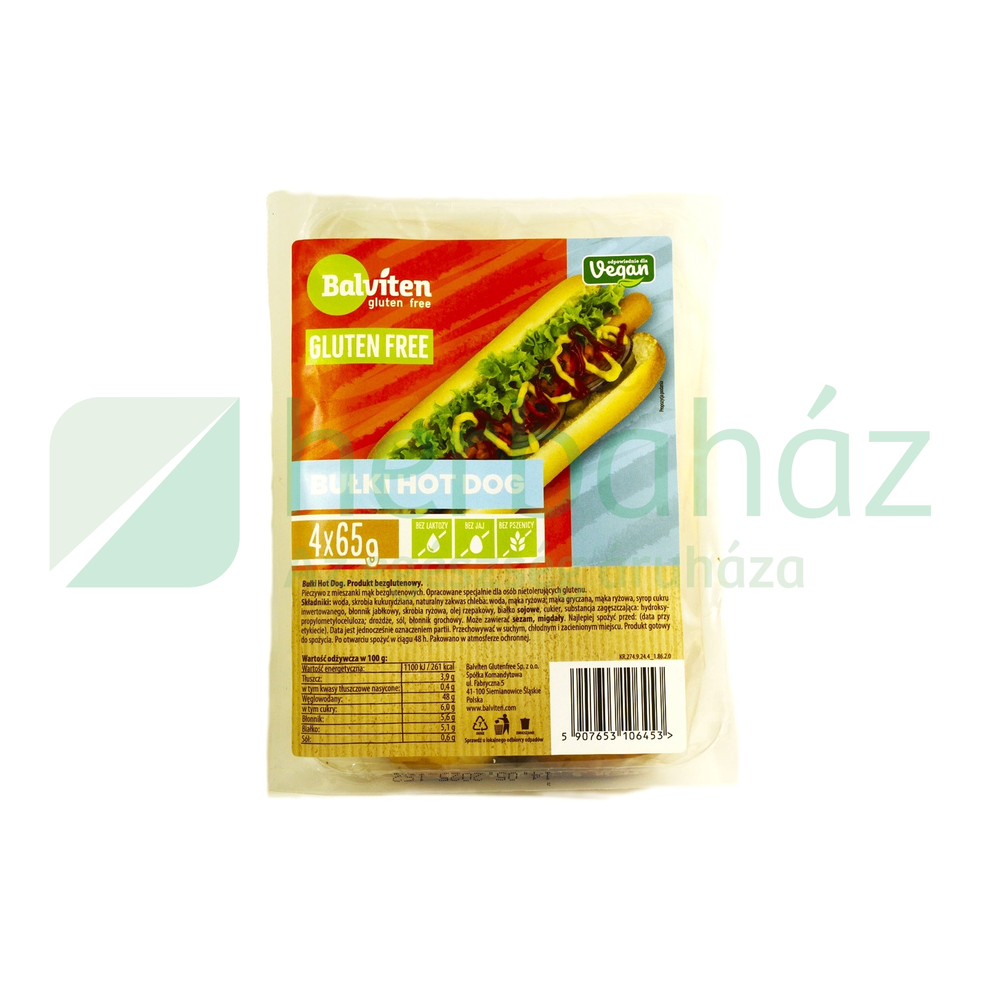 GLUTÉNMENTES BALVITEN VEGAN HOT DOG KIFLI (4X65) 260G