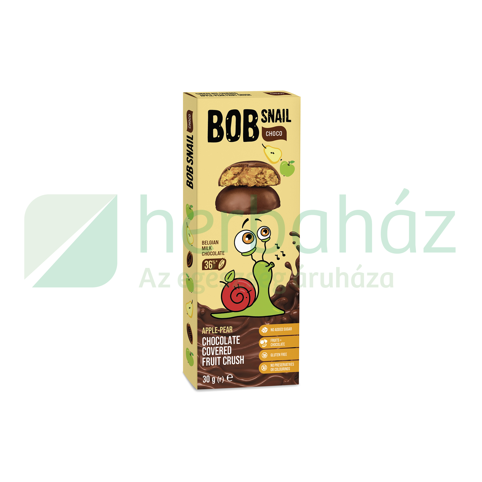 GLUTÉNMENTES BOB SNAIL GYÜMÖLCSSNACK TEJCSOKOLÁDÉBAN ALMA-KÖRTE 30G
