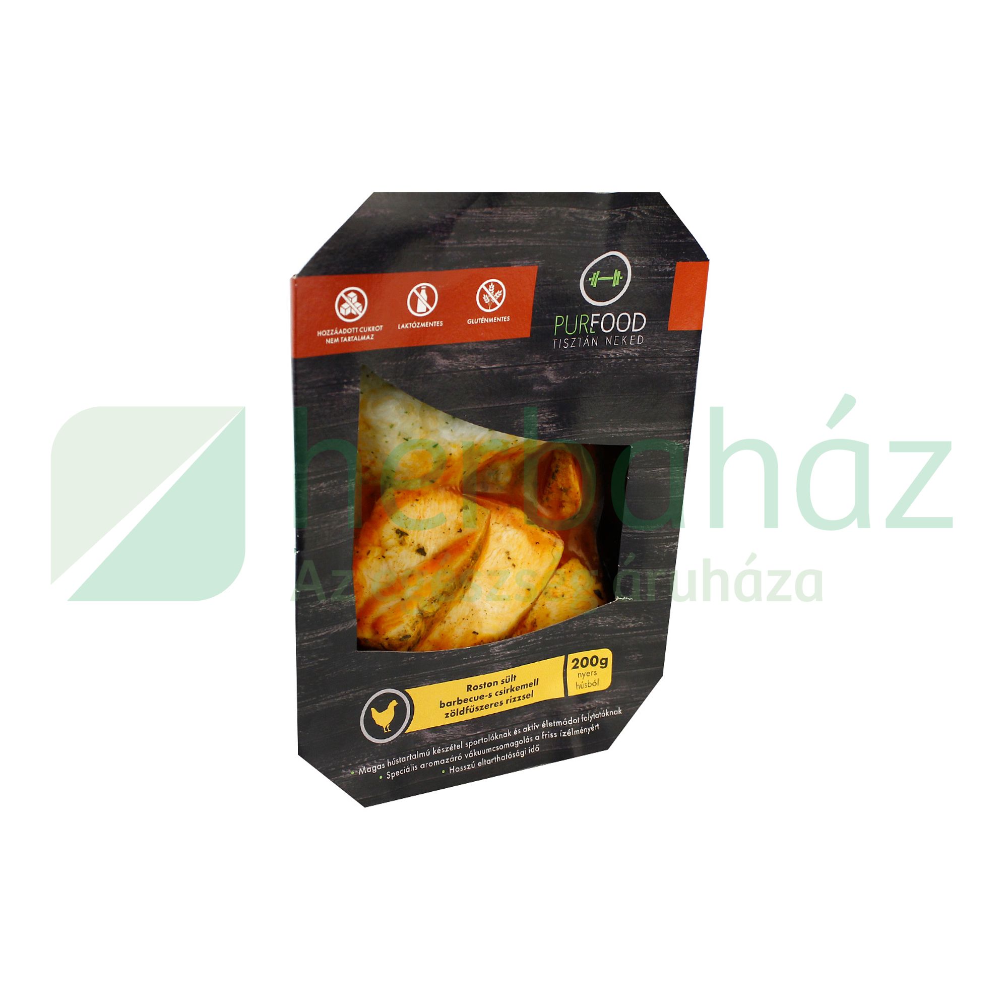 GLUTÉNMENTES PUREFOOD ROSTON SÜLT BARBECUE-S CSIRKEMELL ZÖLDFŰSZERES RIZZSEL 350G