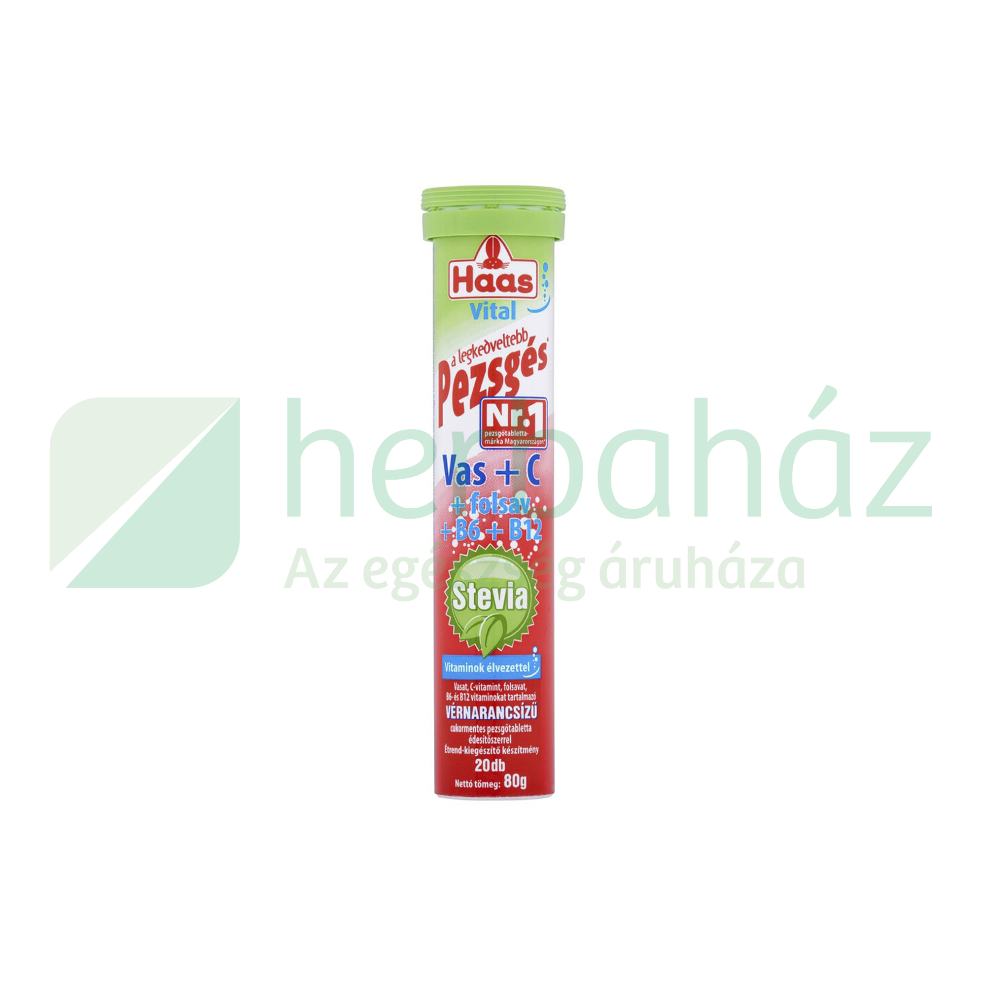 HAAS STEVIA VAS+C-VITAMIN+FOLSAV+B6+B12 VÉRNARANCS ÍZŰ PEZSGŐTABLETTA 20DB