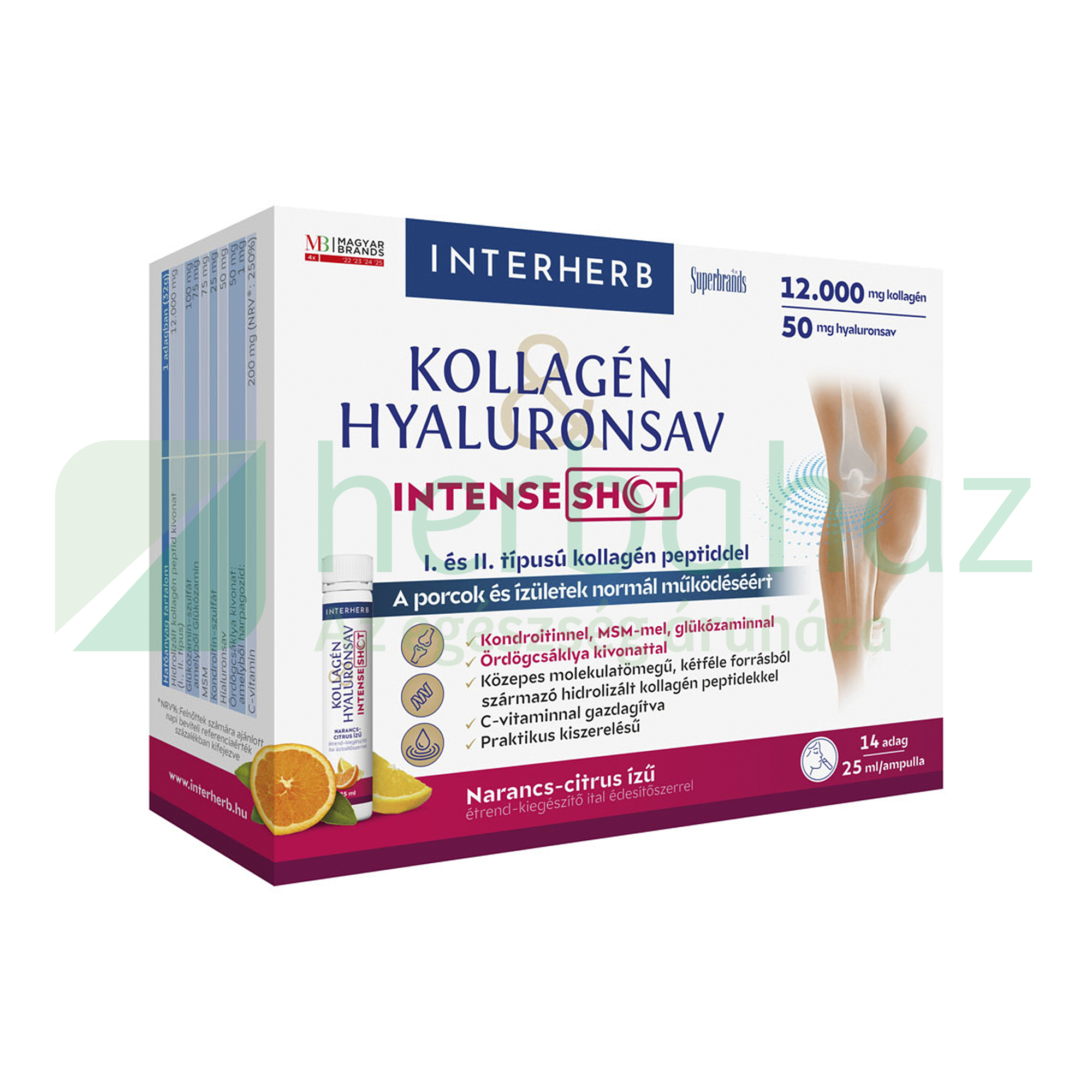 INTERHERB KOLLAGÉN HYALURONSAV INTENSE SHOT NARANCS-CITRUS ÍZŰ 14X25ML