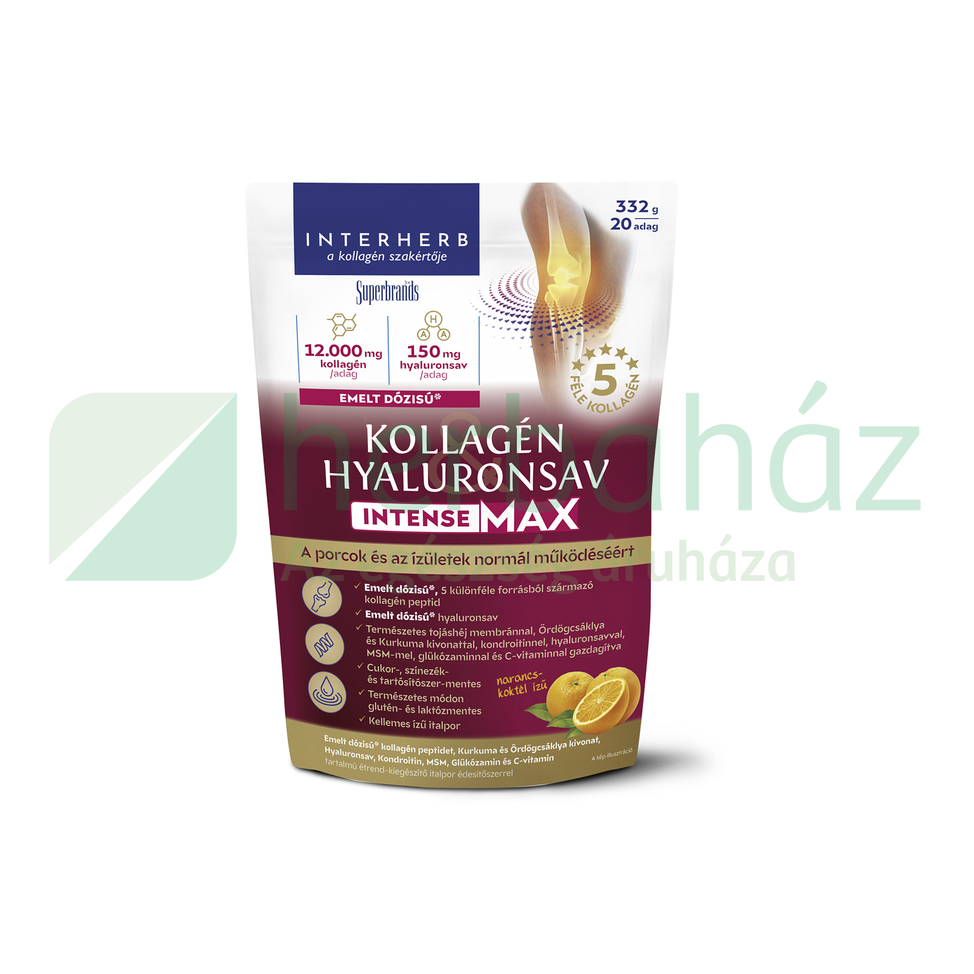 INTERHERB KOLLAGÉN&HYALURONSAV INTENSE-MAX PORCÉPÍTŐ ITALPOR NARANCSKOKTÉL ÍZŰ 332G