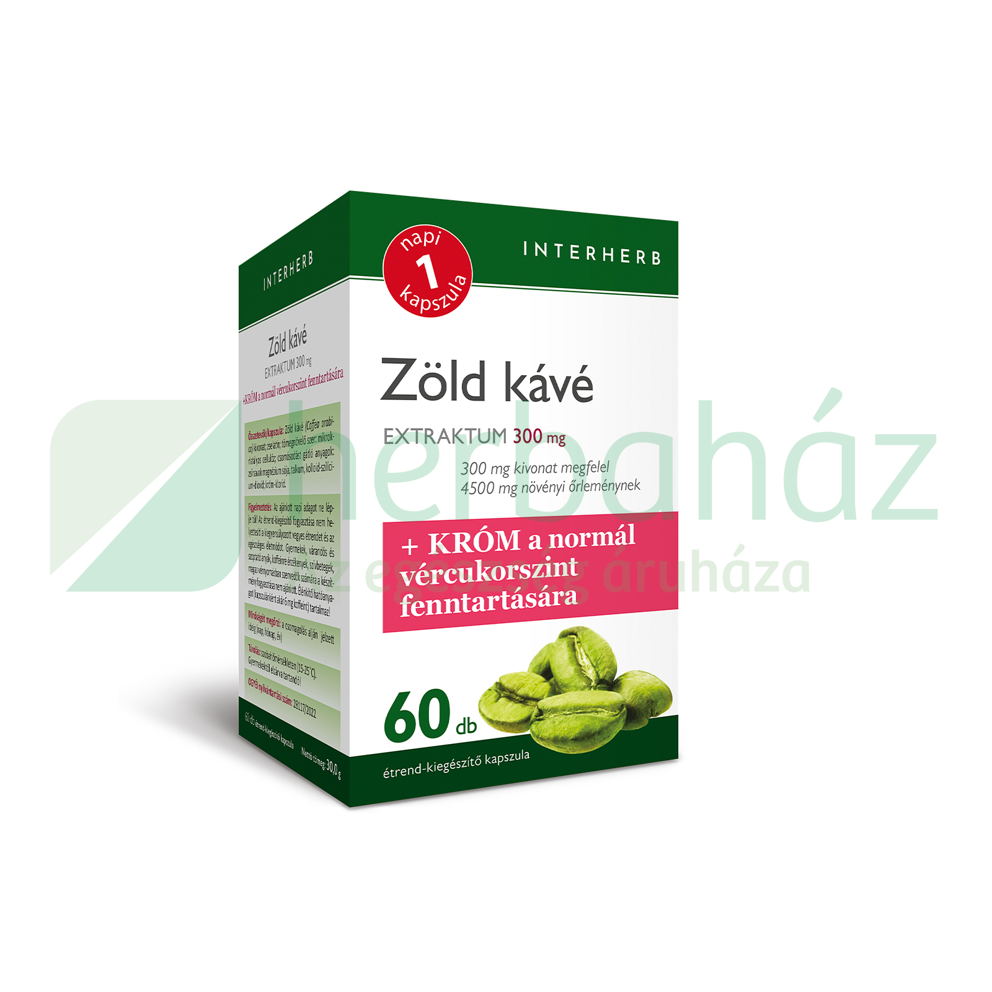 INTERHERB NAPI 1 ZÖLD KÁVÉ EXTRAKTUM 300MG+KRÓM KAPSZULA 60DB