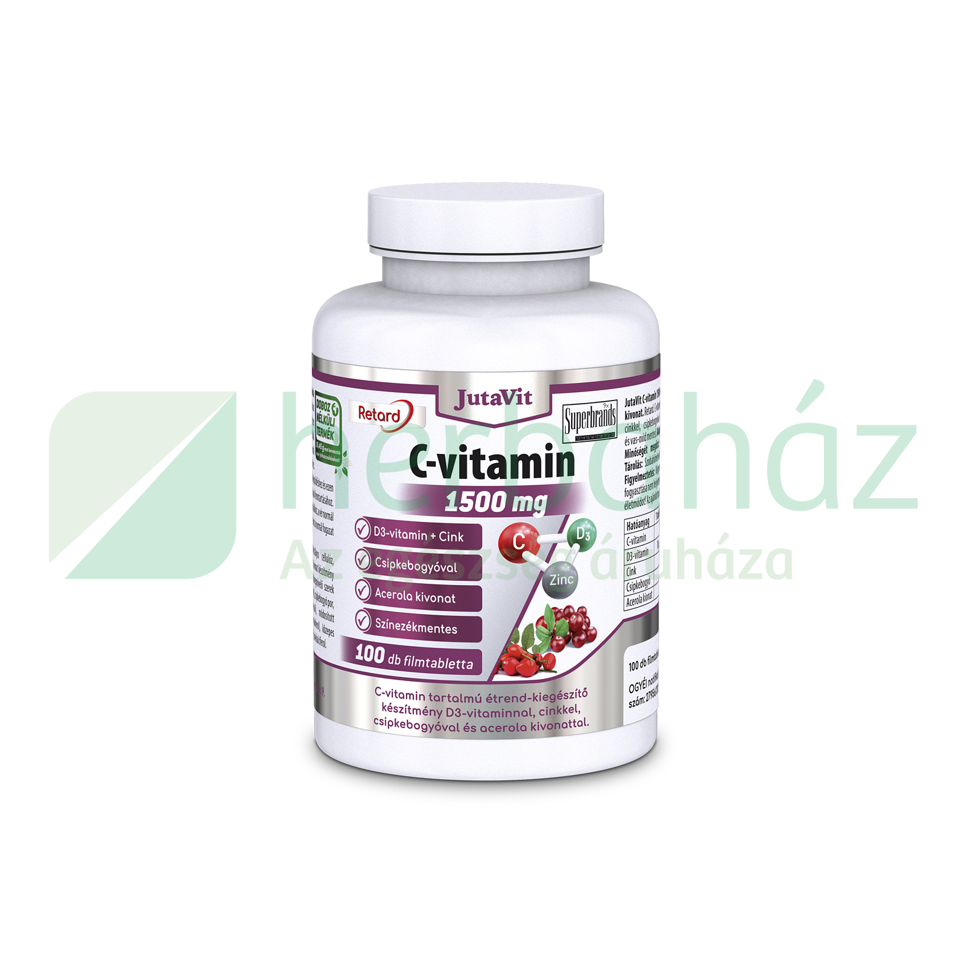 JUTAVIT C-VITAMIN 1500MG RETARD+D3-VITAMIN+ZINK+CSIPKEBOGYÓ+ACEROLA TABLETTA 100DB