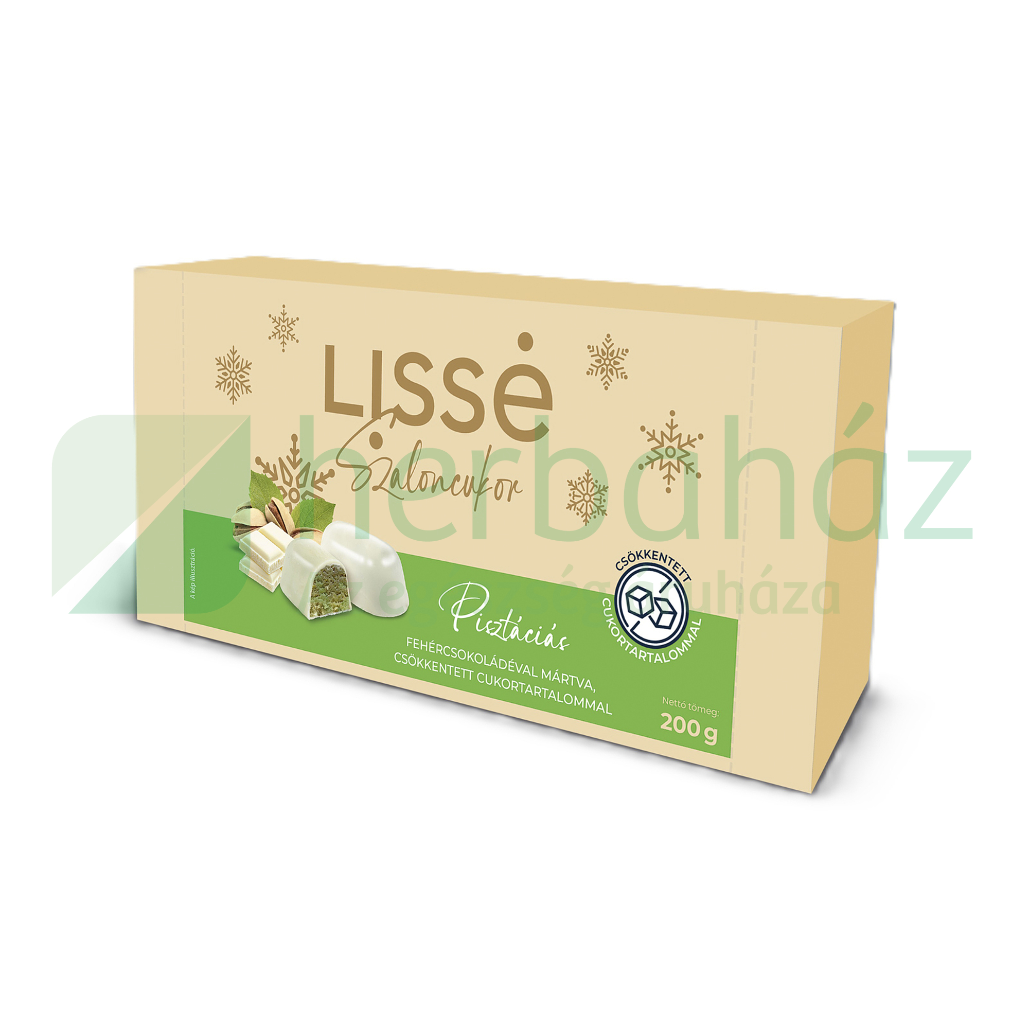 LISSÉ PISZTÁCIÁS SZALONCUKOR FEHÉRCSOKOLÁDÉVAL MÁRTVA CSÖKKENTETT CUKORTARTALOM 200G