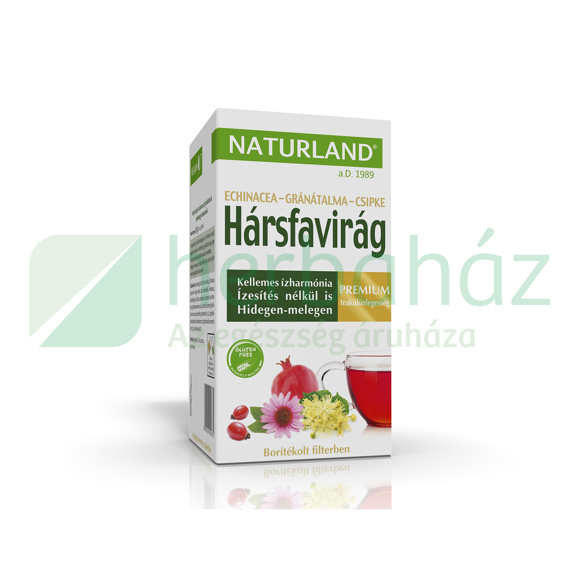 NATURLAND HÁRSFAVIRÁG ECHINACEA-GRÁNÁTALMA-CSIPKEBOGYÓ TEA 20DB