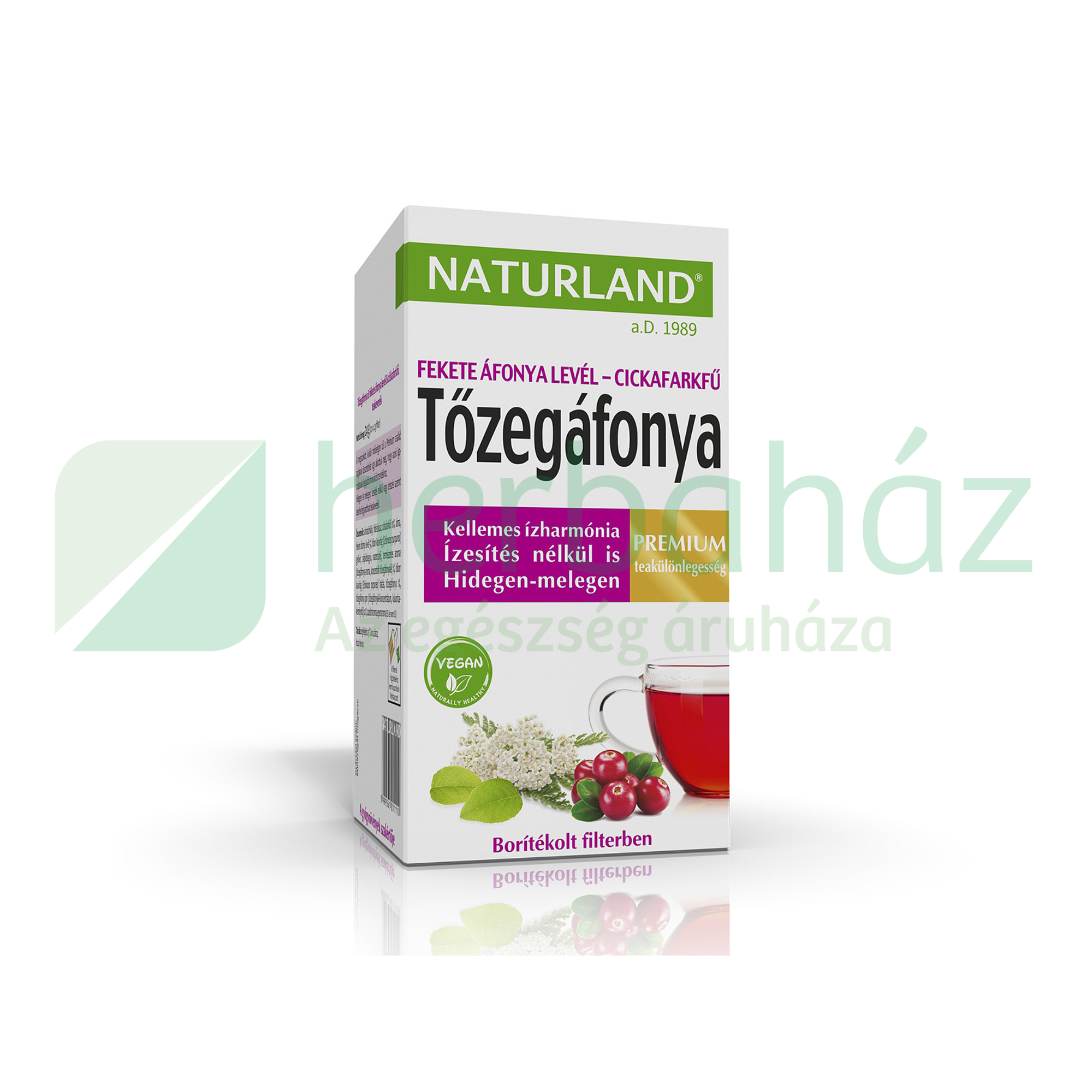 NATURLAND PRÉMIUM TŐZEGÁFONYA FEKETE ÁFONYA LEVÉL CICKAFARKFŰ TEA 20DB