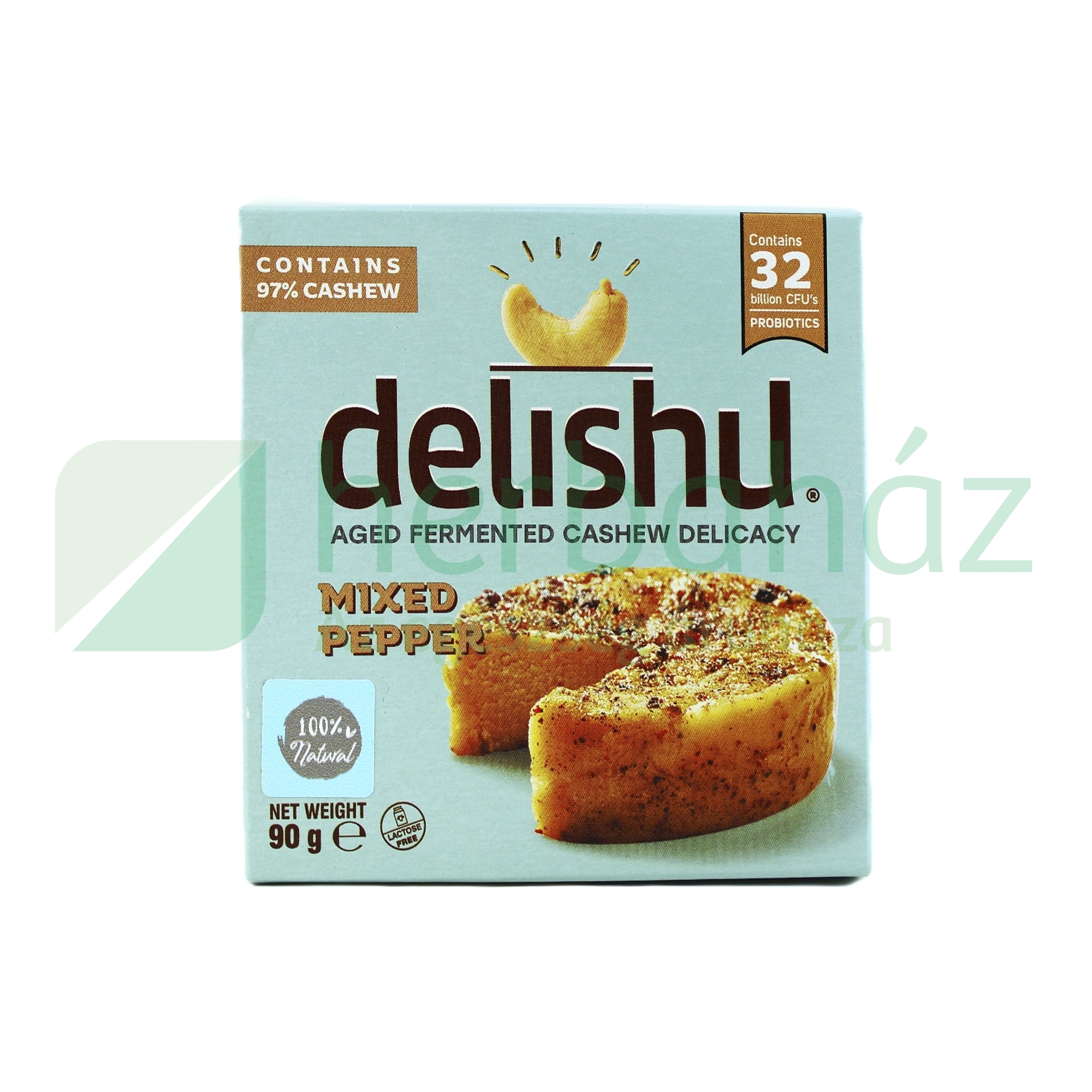 VEGÁN DELISHU KESUDIÓBÓL KÉSZÜLT ÉRLELT SAJT JELLEGŰ KÉSZÍTMÉNY-SZÍNES BORSOS 90G[H]