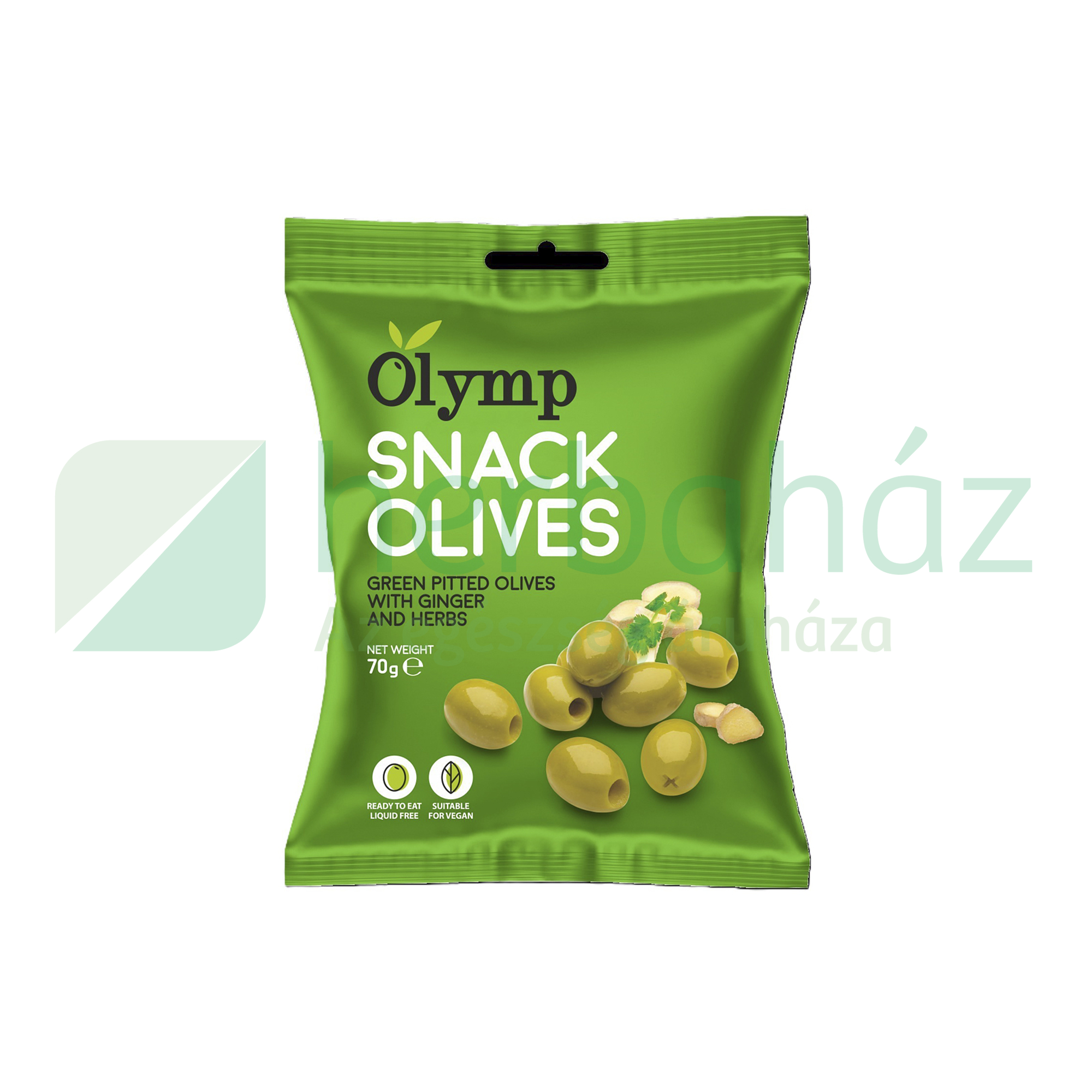 VEGÁN OLYMP SNACK FÜSZEREZETT ZÖLD OLÍVABOGYÓ GYÖMBÉRREL, MAGOZOTT 70G