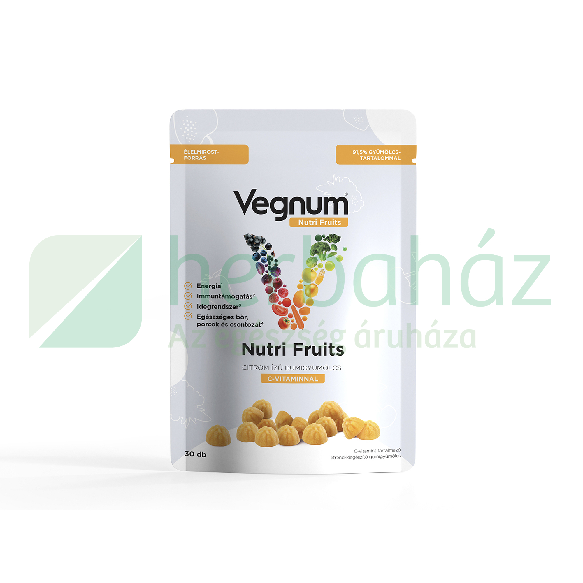 VEGNUM NUTRI FRUITS CITROM ÍZŰ ÉTREND-KIEGÉSZÍTŐ GUMIGYÜMÖLCS C-VITAMINNAL 30DB