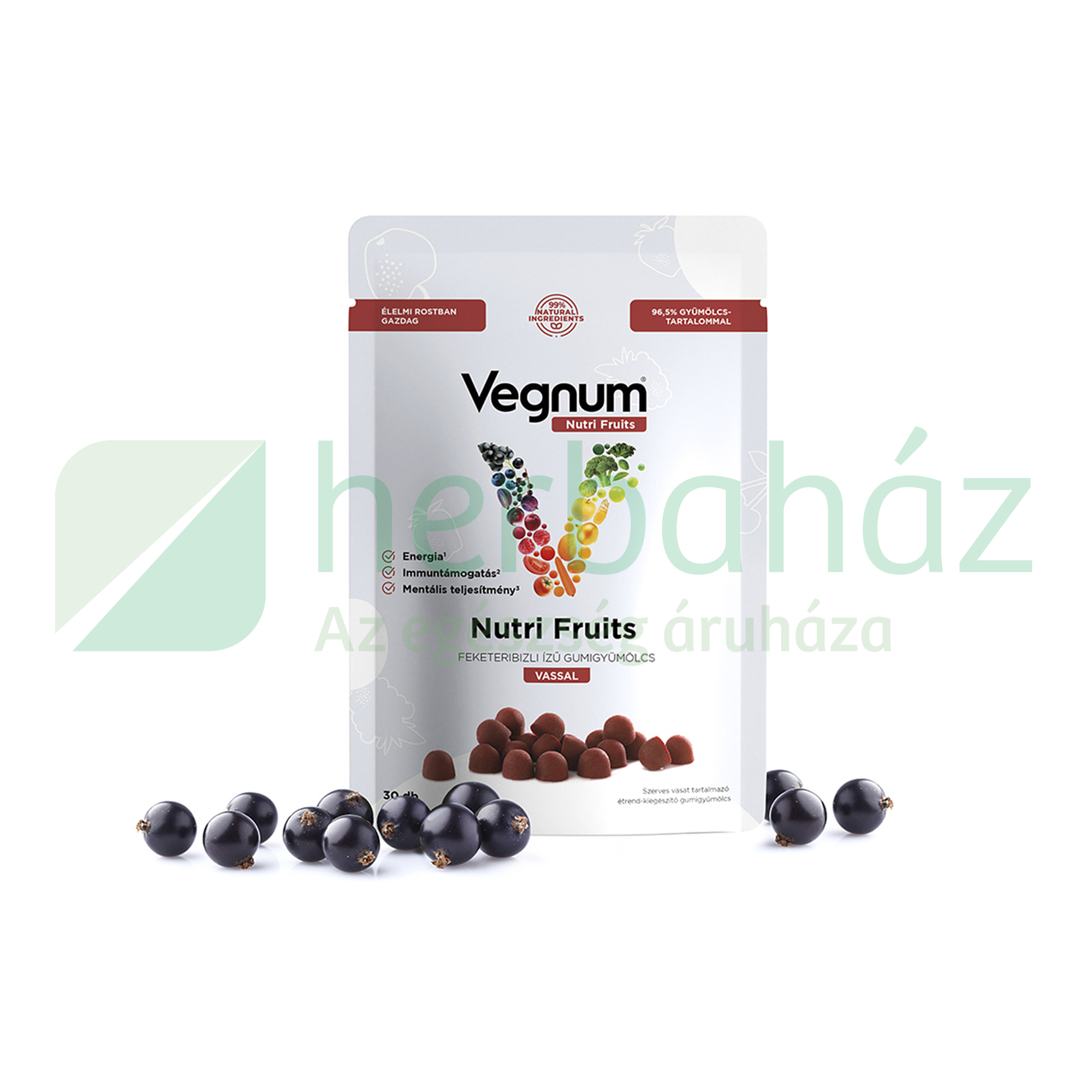 VEGNUM NUTRI FRUITS FEKETERIBIZLI ÍZŰ SZERVES VASAT TARTALMAZÓ ÉTREND-KIEGÉSZÍTŐ GUMIGYÜMÖLCS 30D