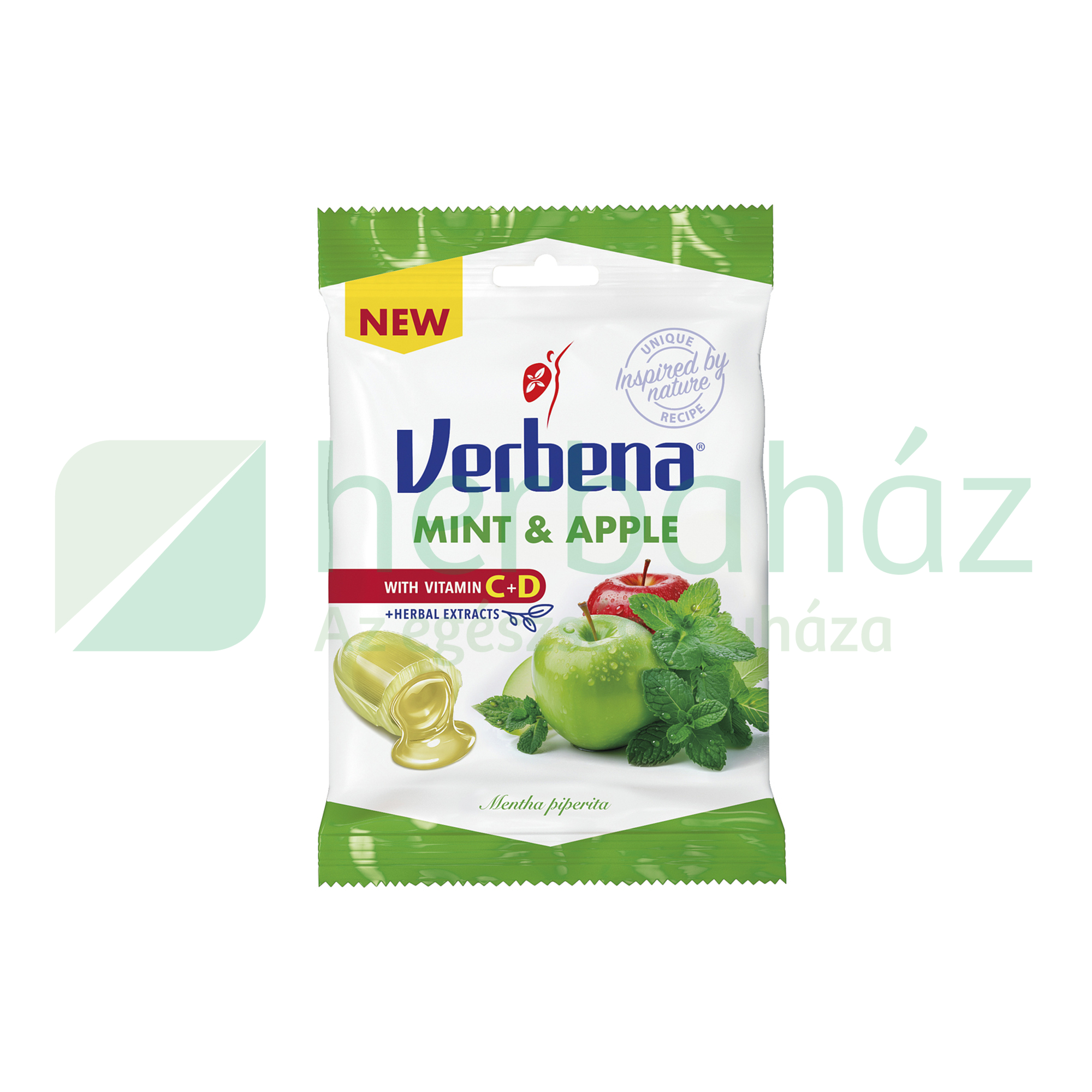 VERBENA GYÓGYNÖVÉNYES CUKORKA ALMA ÉS BORSMENTA KIVONATTAL, C+D VITAMINNAL 60G